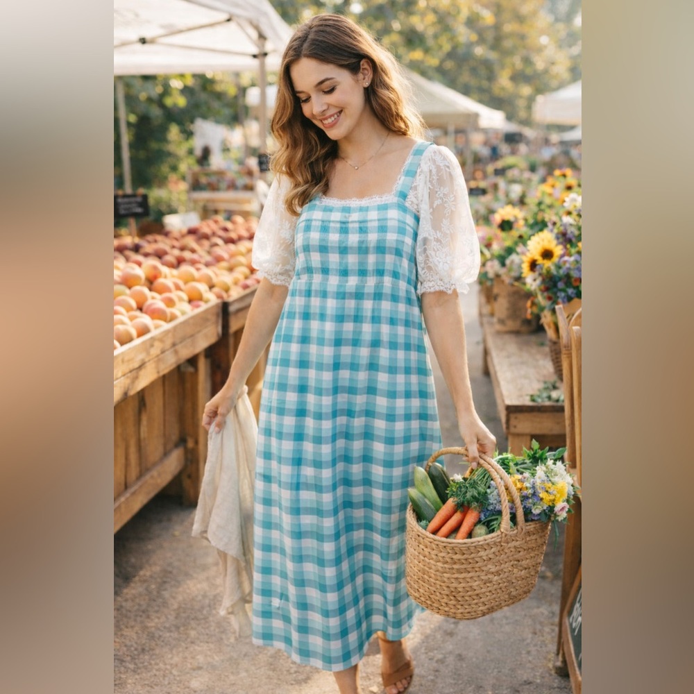 Vintage Blair Blue Gingham Midi Dress | 90s Cottagecore Farmstand Sundress